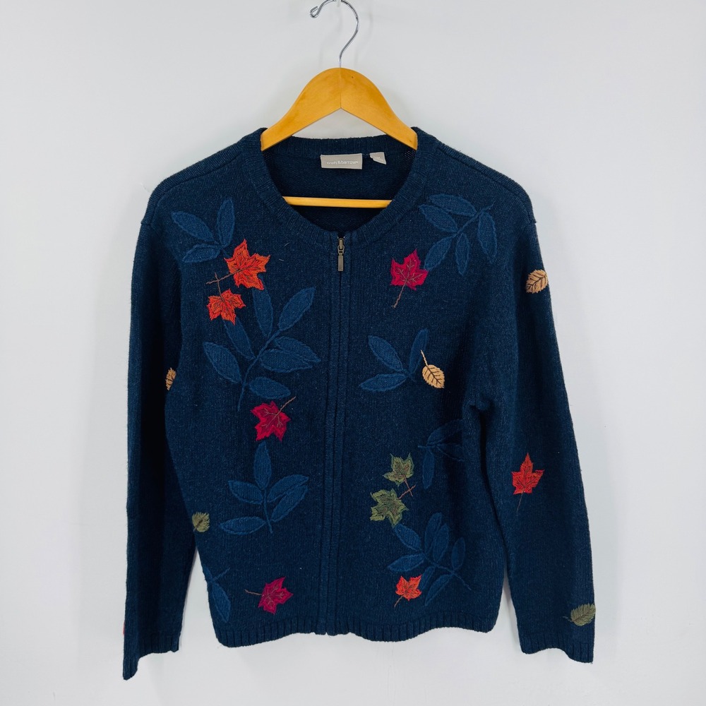 Croft & Barrow Navy Blue Leaf Embroidered Zip‎ Up Cardigan Size M Granny Cottage - Picture 8 of 8